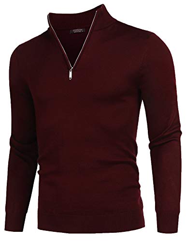 COOFANDY Herren Feinstrickpullover Rollkragen Pullover 1/4 Zip Neck Langarmshirt Feinstrick Sweater Arbeitspullover Freizeit Männerpoloshirt Herren Langarm Rotwein S von COOFANDY