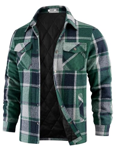 COOFANDY Herren Flanell Hemd Jacken Gesteppt Gefüttert Plaid Jacke Langarm Button Down Dicke Winter Outwear Shackets, Grün , L von COOFANDY