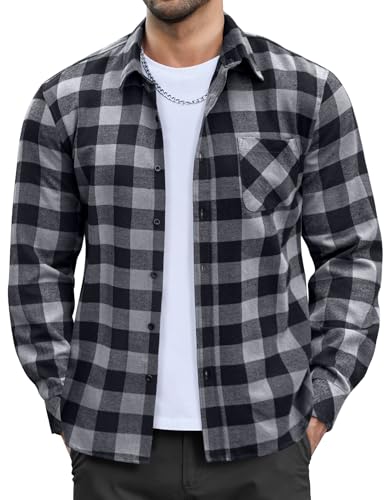 COOFANDY Herren-Flanellhemd, kariert, langärmelig, Knopfleiste, Baumwolle, lässig, leicht, Hemdjacke, Büffelgrau, L von COOFANDY