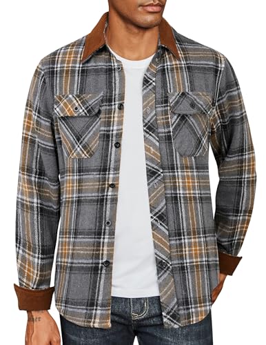 COOFANDY Herren-Flanellhemd, langärmelig, Fleece, kariert, lässig, stilvoll, Knopfleiste mit Taschen, GRAU, XL von COOFANDY