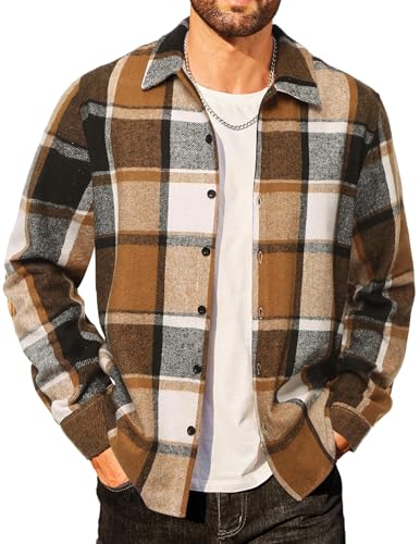 COOFANDY Herren Flanellhemd Holzfäller Regular fit Karierte Freizeithemd Baumwolle Winter Warmes Hemdjacke Khaki & Weiß & Schwarz XXL von COOFANDY