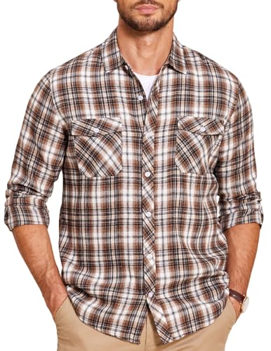 COOFANDY Herren Flanellhemden Langarm Herrenhemden Holzfällerhemd Baumwolle Karierthemd Casual Flanell Shirt Plaid Regular Fit Büro Braun und Khaki S von COOFANDY