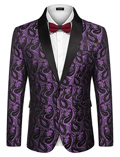 COOFANDY Herren Smoking Sakko Anzug Modern Blazer Luxus Stilvoll Anzugjacke Festlich Jacke mit Blumenmuster Paisley für Abendessen Hochzeit Party Lila XXL von COOFANDY