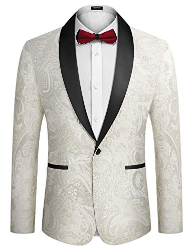 COOFANDY Herren Blumenkleid Anzug Luxus Bestickt Hochzeit Blazer Abendessen Smoking Jacke für Party, Typ02-Weiß, XL von COOFANDY