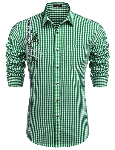 COOFANDY Trachtenhemd Herren Regular Fit Modern Outfit Oktoberfest Hemd Kariert Freizeit Karo Trachten Hemd für Männer Grün XL von COOFANDY