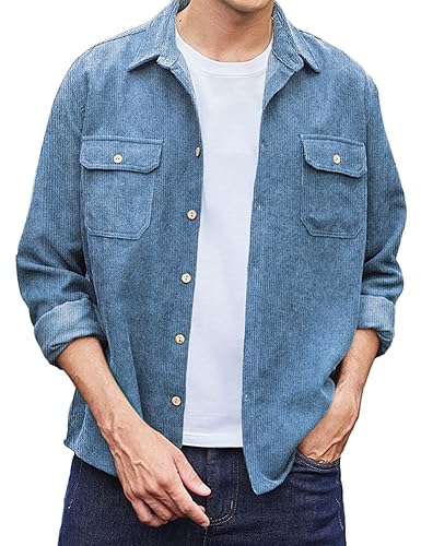 COOFANDY C Herren Freizeithemd Button Down Hemden Cordhemd Leichte Jacke Cord Shirt mit Klappentasche Hemdjacke Blau S von COOFANDY