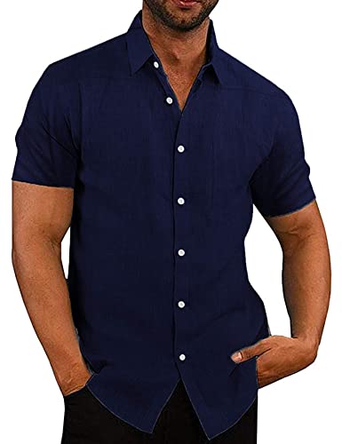 COOFANDY Hemden Herren Kurzarm Leinenhemd Freizeithemd Kurzarmhemd Businesshemd Sommer Hemden Männer Regular Fit Einfarbig Basic Men´s Shirt Dunkelblau M von COOFANDY