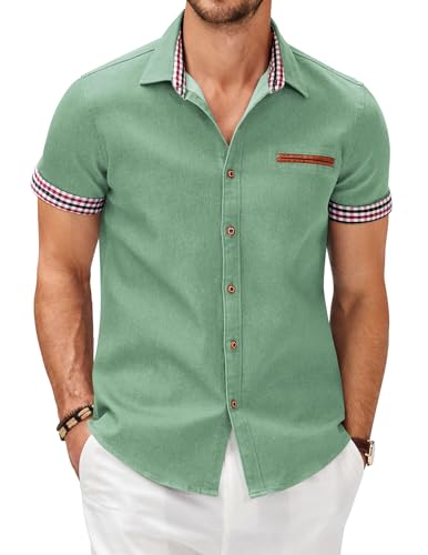 COOFANDY Herren Hemd Kurzarm Freizeithemden Kurzarm Jeanshemd Slim Fit Sommerhemd Business Strand T-Shirt für Männer Seladon Grün L von COOFANDY