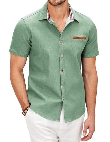 COOFANDY Hemd Herren Kurzarm Jeanshemd Sommer Leichtes Freizeithemd Jeans Hemden für Herren Kurzarmhemden Slim Fit T-Shirt Cowboy-Style Business Büro Hemd Männer Seladon Grün L von COOFANDY