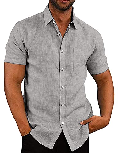 COOFANDY Hemd Herren Kurzarm Leinenhemd Freizeithemd Baumwolle Sommerhemd T-Shirt, Weich und Bequem Basic Shirt for Männer Hellgrau S von COOFANDY