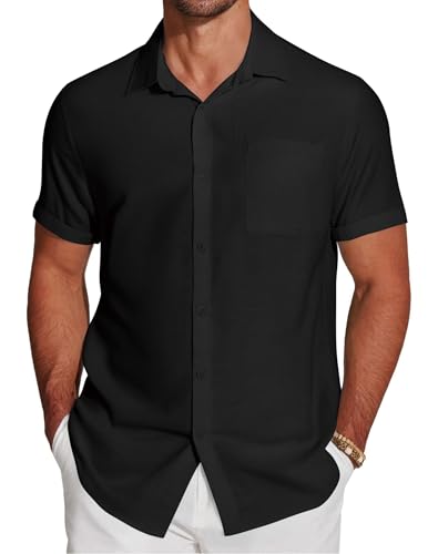 COOFANDY Herrenhemd Kurzarm Sommer Kurzarmhemd Männer Leichtes Sommerhemd Casual Hemd mit Brusttasche Schwarz L von COOFANDY