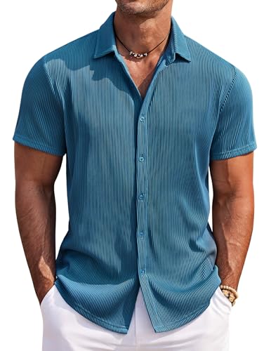 COOFANDY Herren Freizeithemd Sommer Kurzarm Strand Urlaubsmode Seeblau XL von COOFANDY