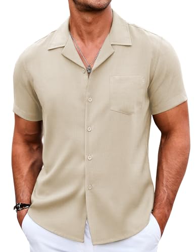 COOFANDY Herren Freizeithemd Sommer Strand Hemd Kubanisches Hemd Kurzarm Urlaub Hemd mit Fronttasche, hellbraun, 3XL von COOFANDY