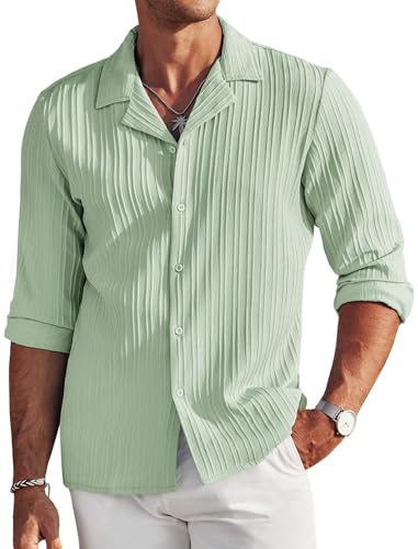 COOFANDY Herren Freizeithemden Langarm Button Down Hemd für Männer Mode Strukturiertes Leinen Strandhemd, Hellgrün, Mittel von COOFANDY