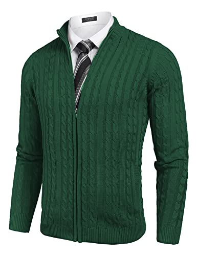 COOFANDY Herren Full Zip Cardigan Sweater Slim Fit Zopfmuster Zip Up Pullover mit Taschen, Grün , L von COOFANDY