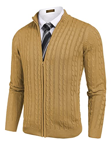 COOFANDY Herren Full Zip Cardigan Sweater Slim Fit Zopfmuster Zip Up Pullover mit Taschen, gelb, XX-Large von COOFANDY