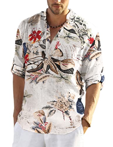 COOFANDY Herren Blumen Hawaii Hemd Sommer Stehkragen Leinenhemd Langarm Hippie Henly Leinen Shirt M von COOFANDY