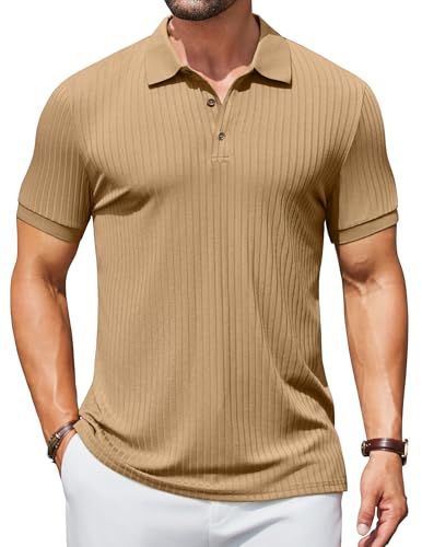 COOFANDY Strick Poloshirt Herren Kurzarm Polo Shirts mit Knöpfe Geripptes Sommer Polohemd T-Shirt Stretch Golf Shirt Khaki L von COOFANDY
