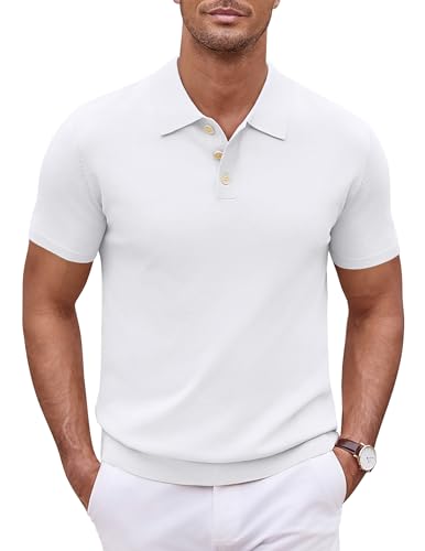 COOFANDY Herren Gestricktes Polo Sommerhemd Kurzarm Knopfleiste Polokragen Regular Fti Freizet T-Shirt Sport Weiß XL von COOFANDY