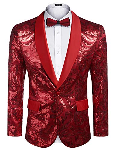 COOFANDY Herren Glänzende Pailletten Blazer Floral Anzug Jacke Stilvolle Smoking für Party, Hochzeit, Bankett, Abschlussball, Rot/Ausflug, einfarbig (Getaway Solids), M von COOFANDY