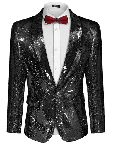 COOFANDY Herren Glänzende Pailletten Jackett Blazer mit einem Knopf Smoking für Party, Hochzeit, Bankett, Prom XX-Large Schwarz von COOFANDY