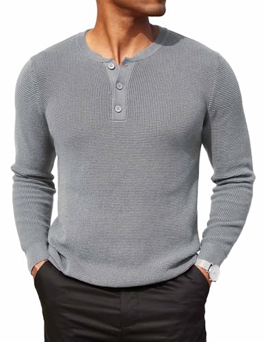 COOFANDY Herren Grobstrick Pullover Langarm Strickpullover Sweater Rundhals Arbeits Waffel Pullover Winterpullover Slim Fit Pulli Hellgrau XXL von COOFANDY
