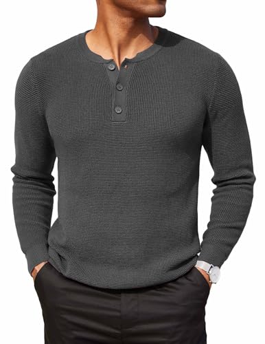 COOFANDY Herren Henley Pullover Strickpullover Winterpullover mit Knöpfe Sweater Grobstrickpullover Waffel Pulli Dunkelgrau M von COOFANDY