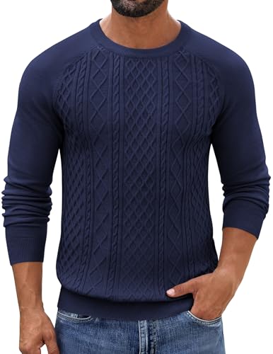 COOFANDY Pullover Herren Slim Fit Business Strickpullover Rundhals Zopfmuster Winterpullover Einfarbiges Sweatshirt Langarm Navy Blau XXL von COOFANDY