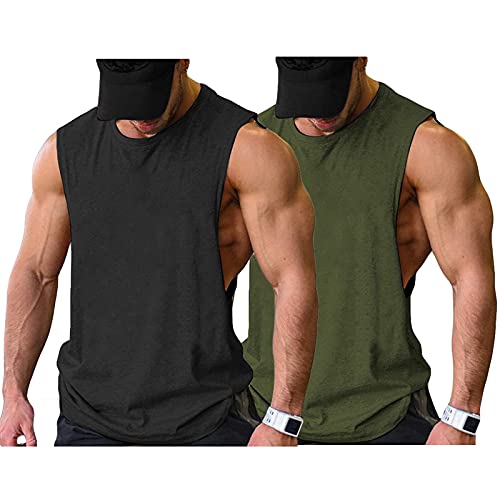 COOFANDY Herren Gym Workout Tank Tops Cut Off Muscle T Fitness Ärmelloses Shirt, Schwarz/Armeegrün(2 Stück) S von COOFANDY