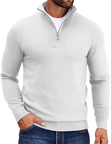 COOFANDY Herren Half Zip Pullover mit Reißverschluss Rollkragen Troyer Strickpullover Casual Sweater mit Zipper Weiß L von COOFANDY