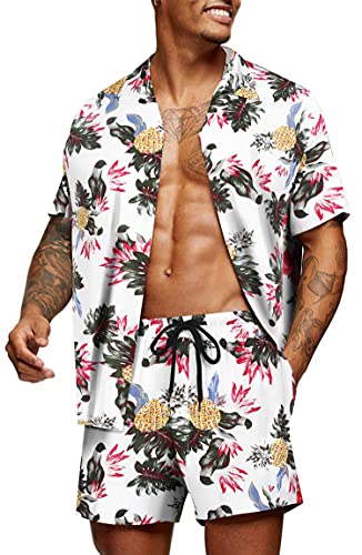 COOFANDY Herren Hemd Kurzarm Sommerhemd Floral Hawaiihemd Flamingo Party Hemden und Shorts Set Strand Outfit Urlaub XXL von COOFANDY