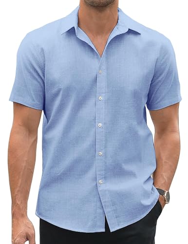 COOFANDY Herren Hawaii Hemd Kurzarm Freizeithemd Sommer Strand Hawaiihemd Button Down Hemd Baumwolle Basic Hemd Hellblau L von COOFANDY