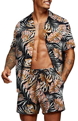 COOFANDY Herren Hawaii Hemd Kurzarm Sommerhemd Blumen Hemd und Shorts Set Blätter Freizeithemd Strand 3XL von COOFANDY