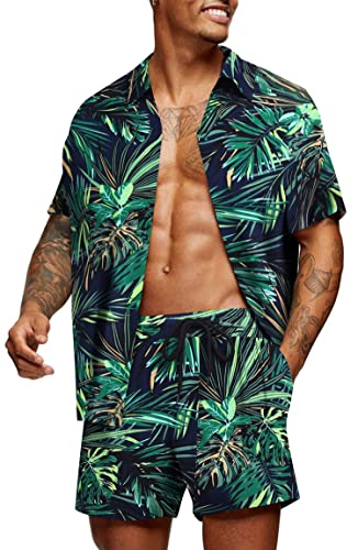 COOFANDY Herren Hawaii Hemd Set Regular Fit Kurzarm Hemden Freizeithemd Casual Musterhemd PAT10 L von COOFANDY