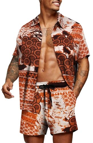 COOFANDY Herren Hawaii Hemd Kurzarm Floral Sommerhemd Böhmen Shirt Strand Hemd und Shorts Set Strandhemd Urlaub L von COOFANDY