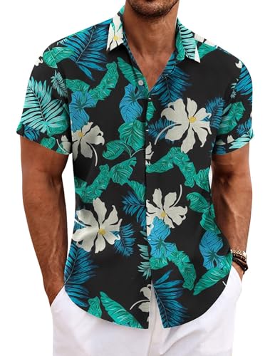 COOFANDY Herren Hawaii Hemd Sommer Kurzarmhemd Leinen Blumen Button Down Hawaii Tops Schwarz Flower XL von COOFANDY