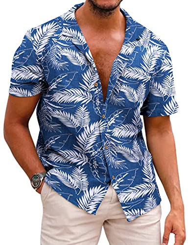 COOFANDY Herren Hawaii Hemd Sommer Leinen Kurzarmhemd Baumwolle Freizeit Sommer Kurzarm Button Down Hemden for Herren Blau XXL von COOFANDY