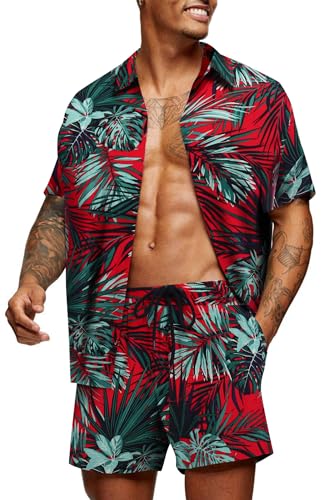 COOFANDY Herren Hawaii Hemd Strandhemd Set Kurzarm Sommer Shirt und Shorts Freizeithemd BadeShorts Festival Outfit Party PAT5 M von COOFANDY