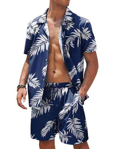 COOFANDY Herren Hawaii Hemd und Hose Sommer Freizeit Outfit Kurzarm Blumen Party Festival Strandhemd Sets Palmblatt Blau und Weiß XL von COOFANDY