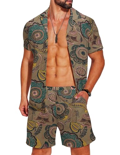 COOFANDY Herren Hawaii-Hemd und Shorts Set Sommer Strand 2 Stück Outfits Kurzarm Cuban Shirts und Shorts, Retro Braun, Large von COOFANDY
