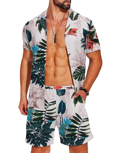 COOFANDY Herren Hawaii-Hemd und Shorts Set Sommer Strand 2-teilige Outfits Kurzarm kubanische Hemden und Shorts, Blätter-Weiß, Medium von COOFANDY