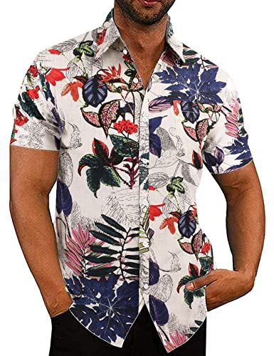 COOFANDY Herren Hawaii Hemden Leinenhemd Kurzarm Leinen Casual Floral Blumenmuster Kurzarm Hawaiihemd Kurzarmhemden Strandhemd Leicht Leinen Shirts Laub S von COOFANDY