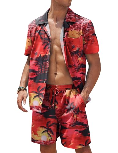 COOFANDY Herren Hawaii Outfit Freizeit Sommer Button Down Hemd Set 2 Teiler Kurzarm Party Festival Strand Musterhemd Rot L von COOFANDY