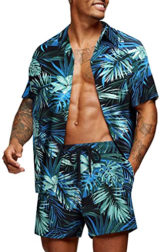 COOFANDY Herren Hawaii-Set Lässiges Hemd mit Blumendruck Sommerhemd und Shorts,Blau Grün,m von COOFANDY