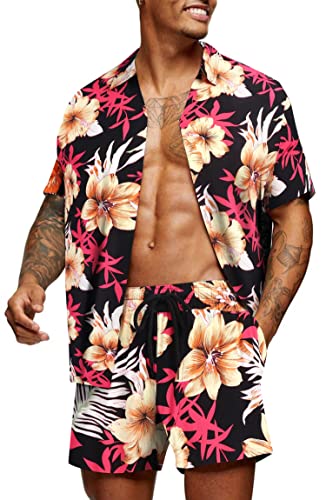 COOFANDY Herren Hawaii-Set Sommer Strand 2 Stück Outfits Blumenhemd und Shorts, Schwarz & Orange Blume, L von COOFANDY