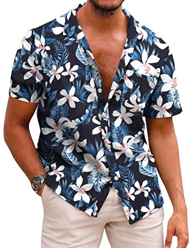 COOFANDY Herren Hawaiianische Blumen Hemden Baumwolle Leinen Button Down Tropical Holiday Beach Shirts, B- Schwarz, Mittel von COOFANDY