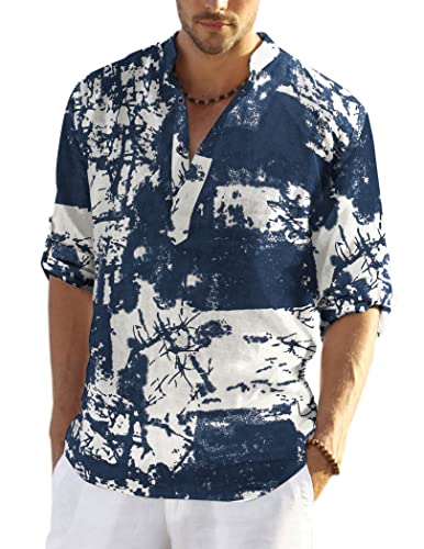 COOFANDY Herren Hawaiihemd Baumwolle Leinenhemd Sommer Langarm Urlaub Strand Regular Fit Freizeithemd Shirts PAT XXL von COOFANDY