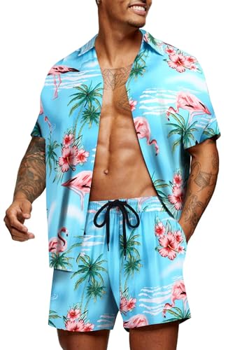 COOFANDY Herren Hawaiihemd Flamingo Shirt und Shorts Set Blumenmuster Hawaii Hemd Kurzarm Sommer Freizeithemd PAT27 XXL von COOFANDY