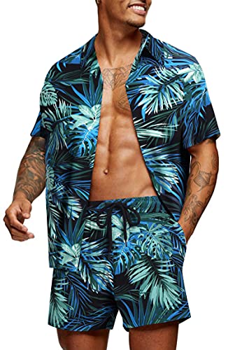 COOFANDY Herren Hawaii-Hemden und Shorts Set Sommer 2 Stück Flamingo Tropisches Hemd Kurzarm Strand Urlaub Outfit S-3XL, Blatt: Schwarz und Blau, M von COOFANDY