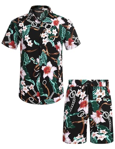 COOFANDY Herren Hawaiihemd Flamingo Hemden und Shorts Set Blumenmuster Hawaiihemd Kurzarm Sommer Urlaub Strand Outfit S-3XL, Pflanzen Blumen – Schwarz und Grün, L von COOFANDY